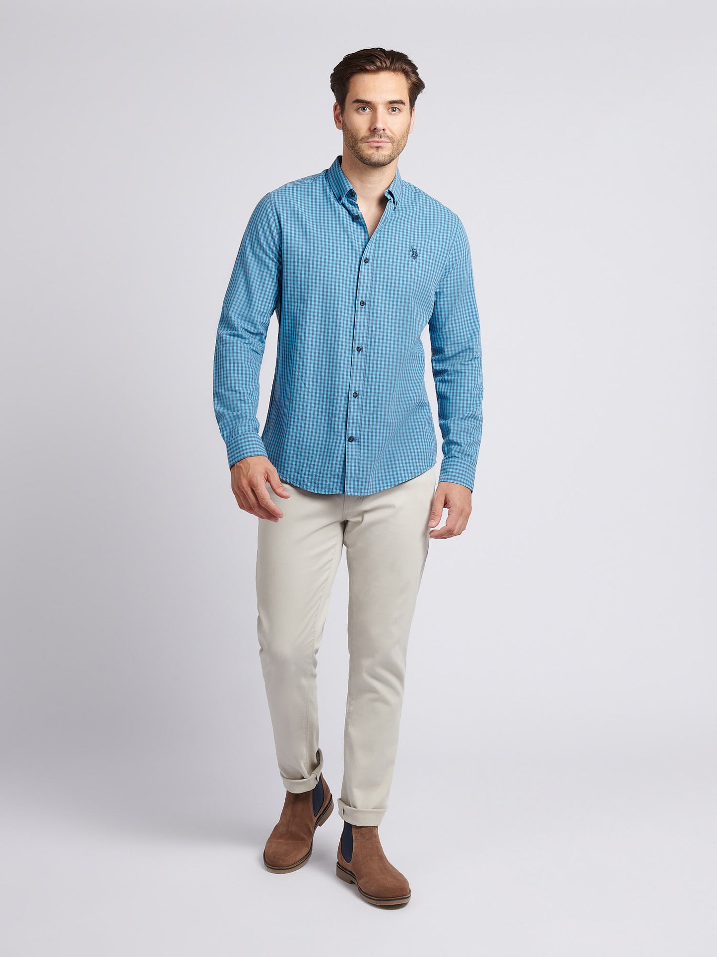 Mens Herringbone Weave Peached Gingham Shirt in Heritage Blue