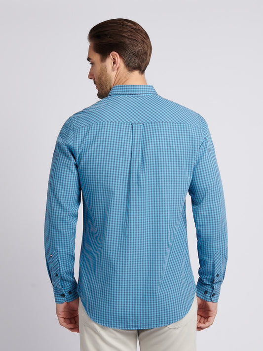 Mens Herringbone Weave Peached Gingham Shirt in Heritage Blue