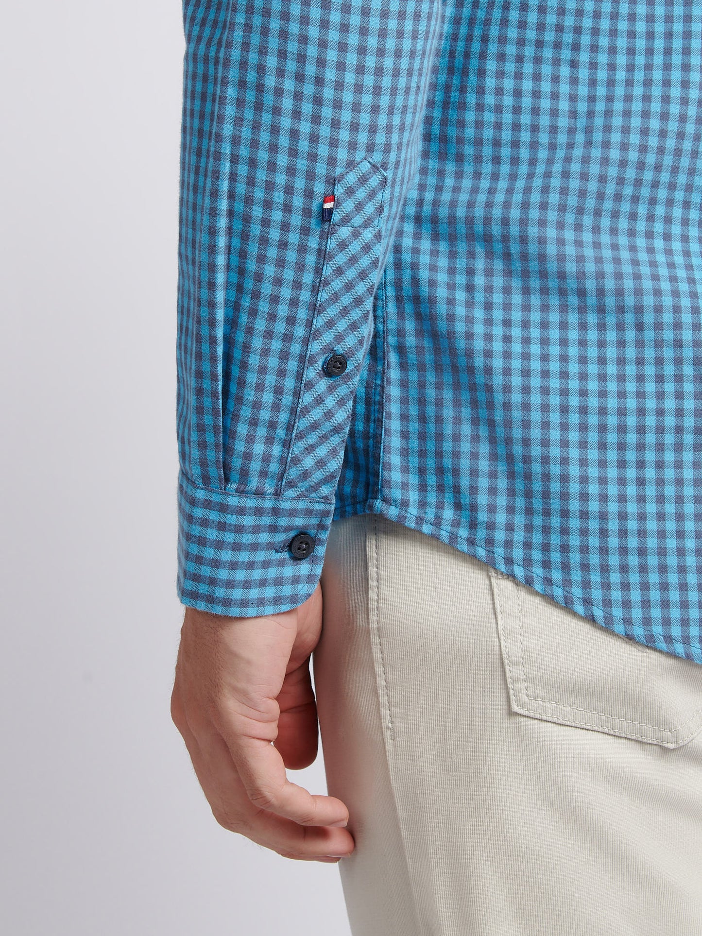 Mens Herringbone Weave Peached Gingham Shirt in Heritage Blue