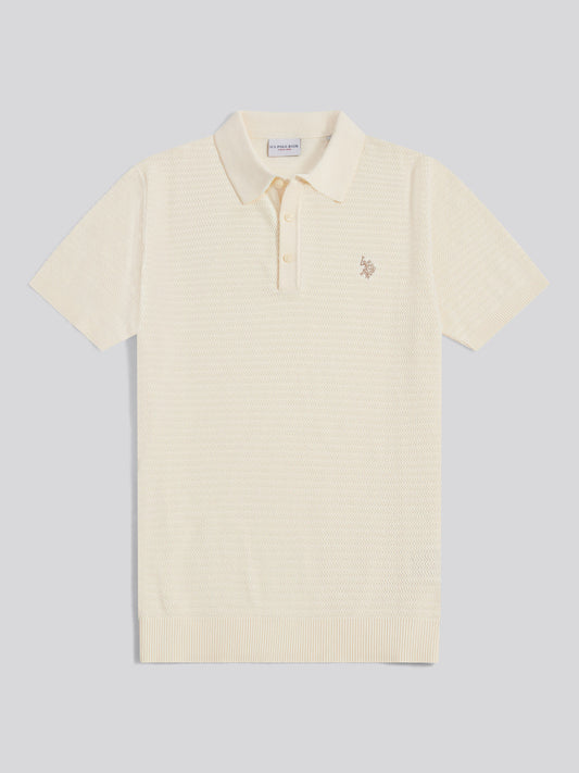 Herringbone Texture Knit SS Polo Whisper White