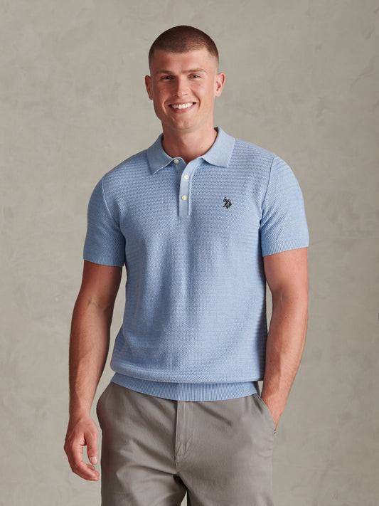 Mens Herringbone Texture Knit Polo Shirt Parisian Blue Marl