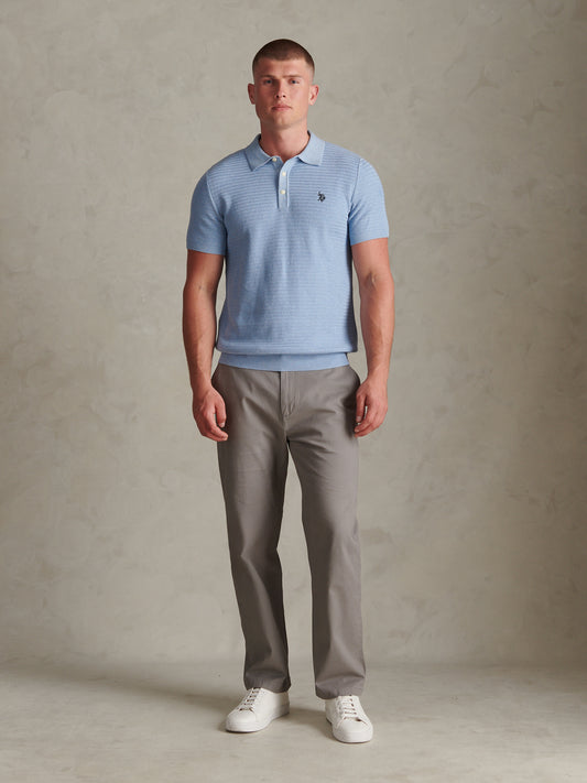 Mens Herringbone Texture Knit Polo Shirt Parisian Blue Marl