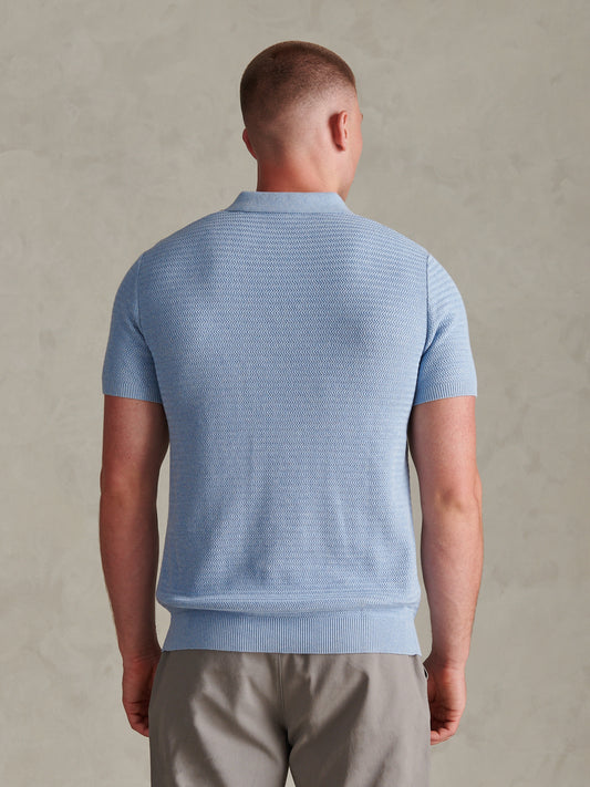 Mens Herringbone Texture Knit Polo Shirt Parisian Blue Marl