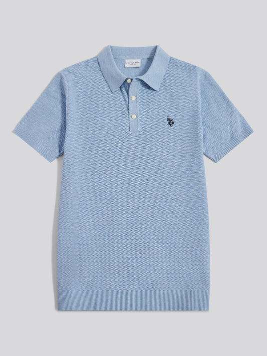 Herringbone Texture Knit SS Polo Parisian Blue Marl