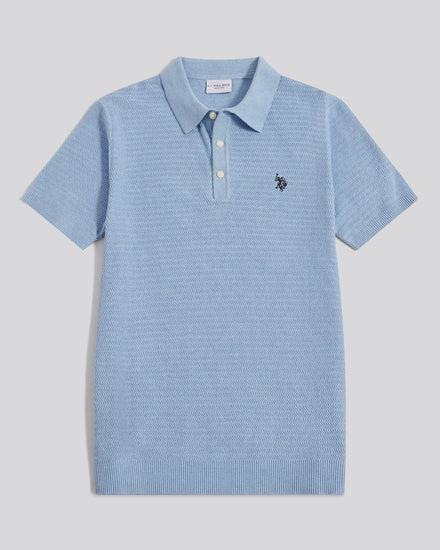 Herringbone Texture Knit SS Polo Parisian Blue Marl