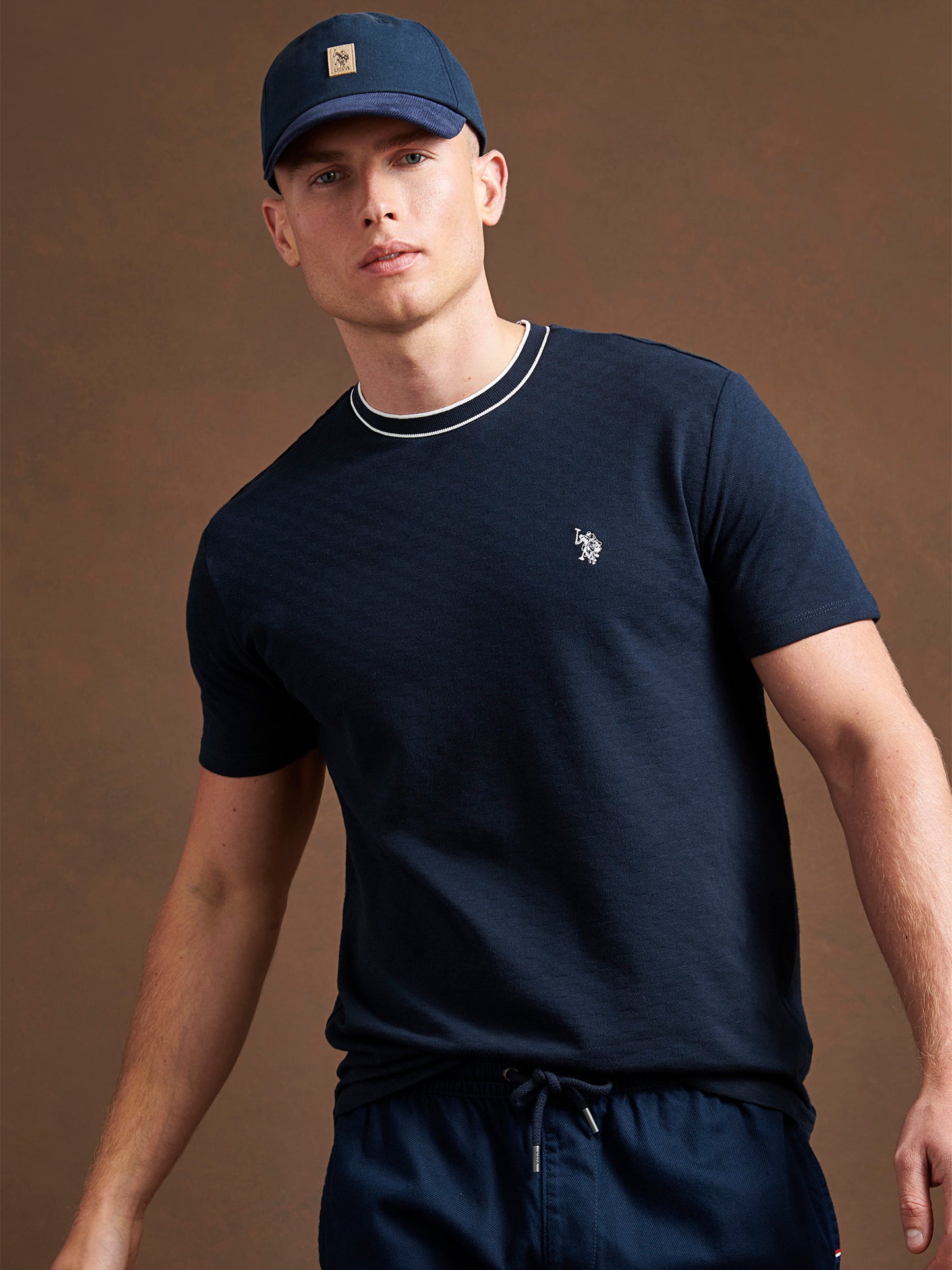 Mens Tipped Pique T-Shirt in Dark Sapphire Navy