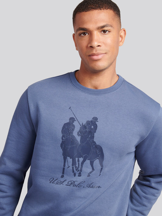 Mens Tonal Double Horsemen Print Crew in Vintage Indigo