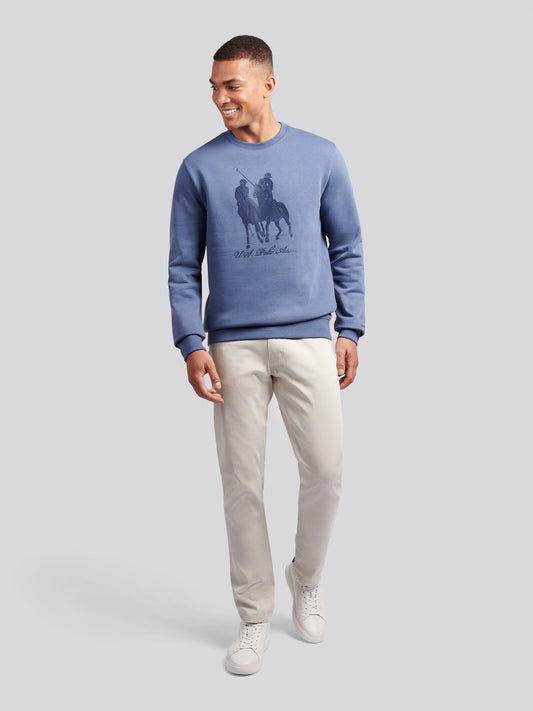 Mens Tonal Double Horsemen Print Crew in Vintage Indigo