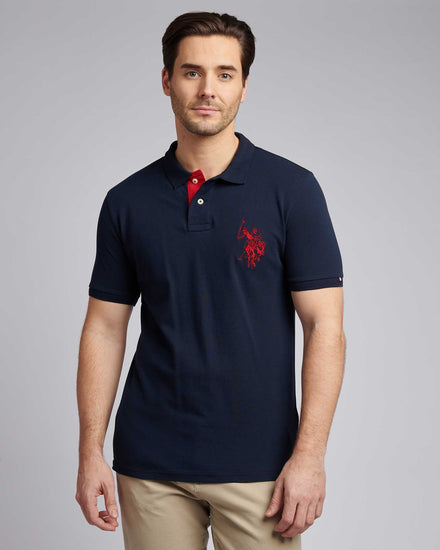 Mens Large Player Pique Polo Shirt in Dark Sapphire Navy / Haute Red DHM