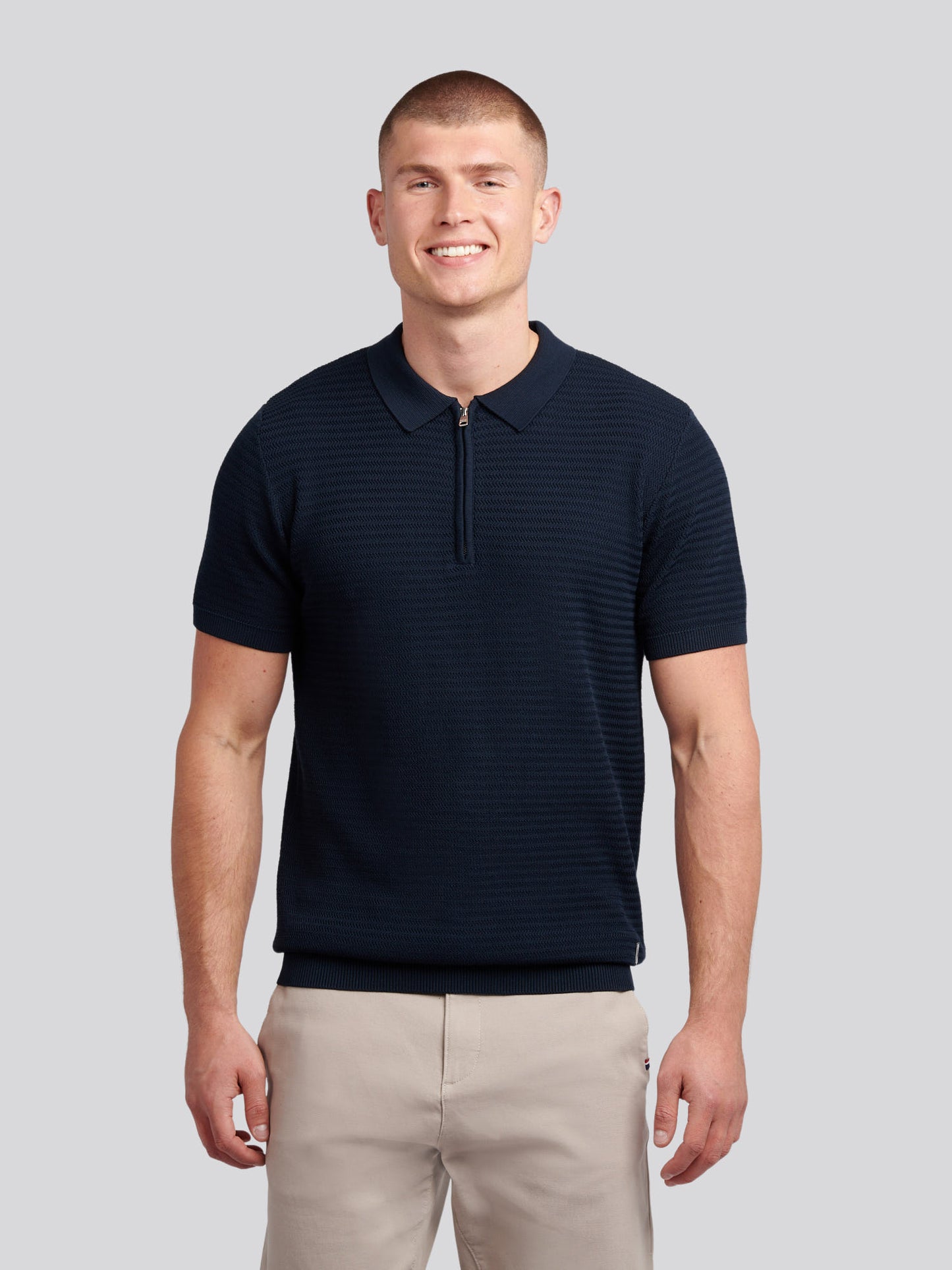 Mens Vertical Texture Knit Long Sleeve Polo Shirt in Dark Sapphire Navy