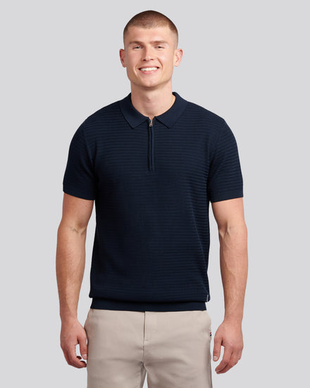 Mens Vertical Texture Knit Long Sleeve Polo Shirt in Dark Sapphire Navy