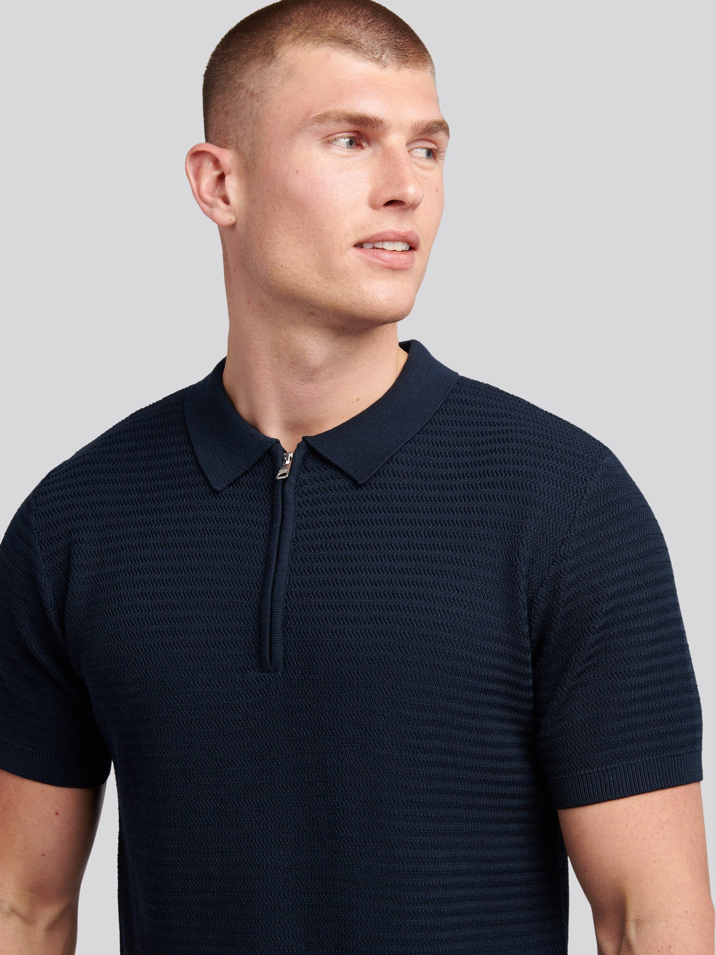 Mens Vertical Texture Knit Long Sleeve Polo Shirt in Dark Sapphire Navy