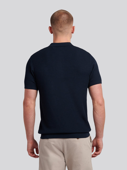 Mens Vertical Texture Knit Long Sleeve Polo Shirt in Dark Sapphire Navy
