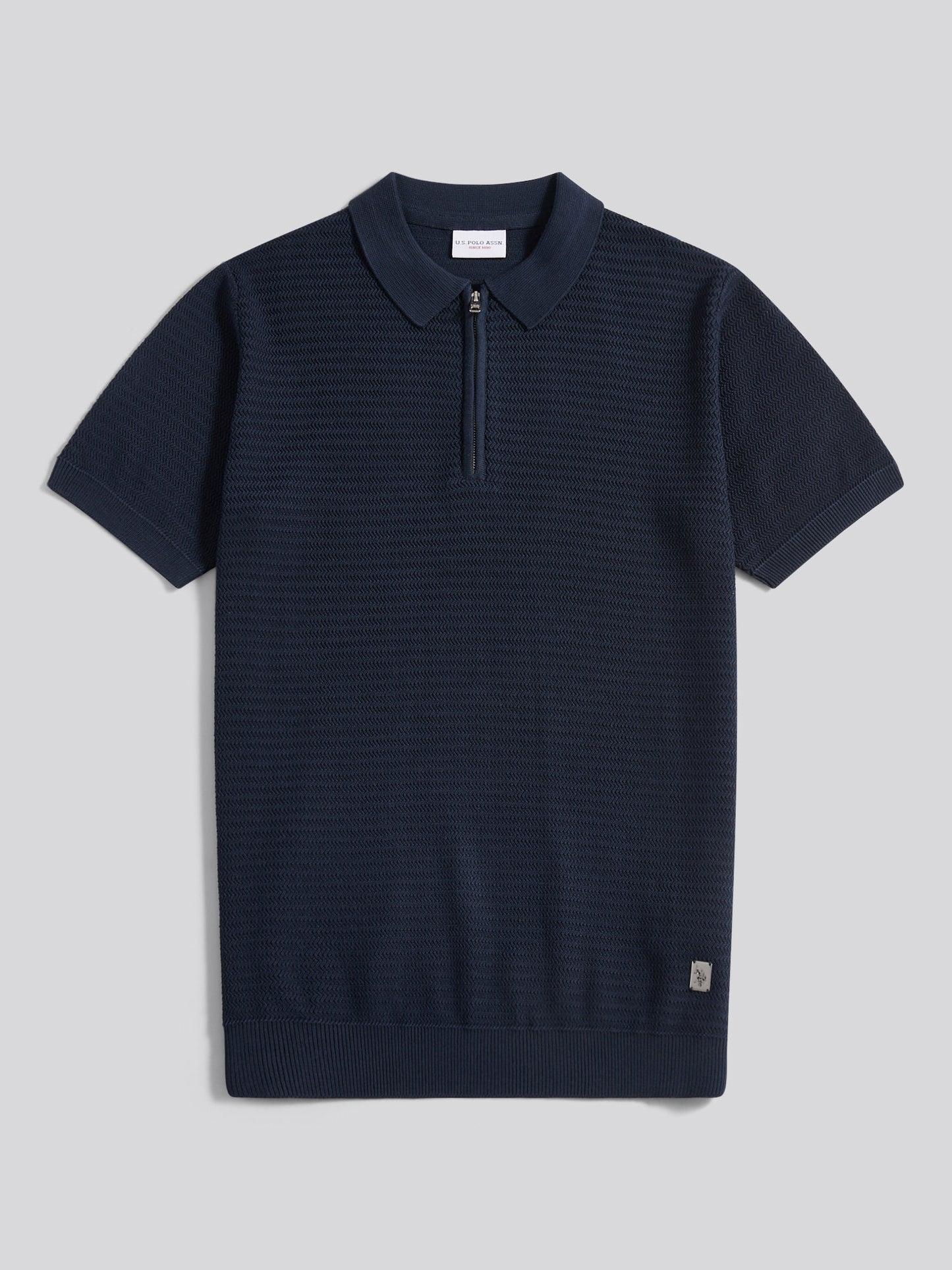 Mens Vertical Texture Knit Long Sleeve Polo Shirt in Dark Sapphire Navy
