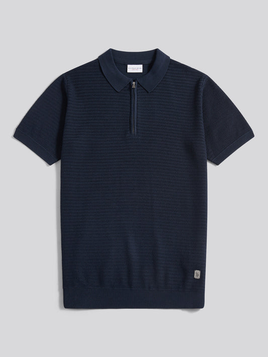 Mens Vertical Texture Knit Long Sleeve Polo Shirt in Dark Sapphire Navy