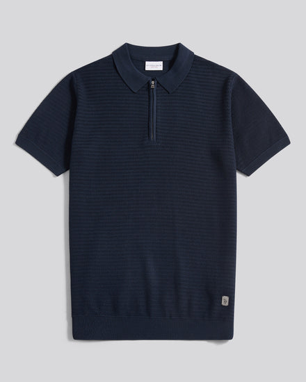 Mens Vertical Texture Knit Long Sleeve Polo Shirt in Dark Sapphire Navy