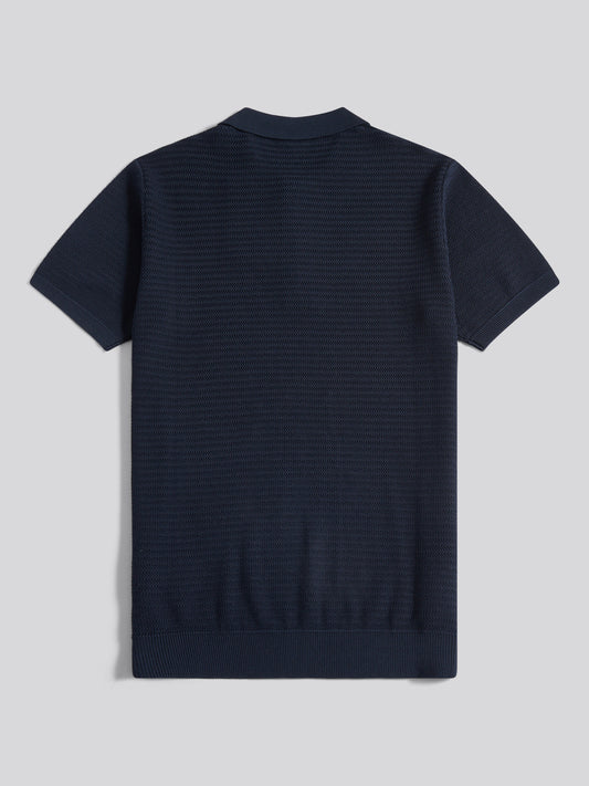 Mens Vertical Texture Knit Long Sleeve Polo Shirt in Dark Sapphire Navy