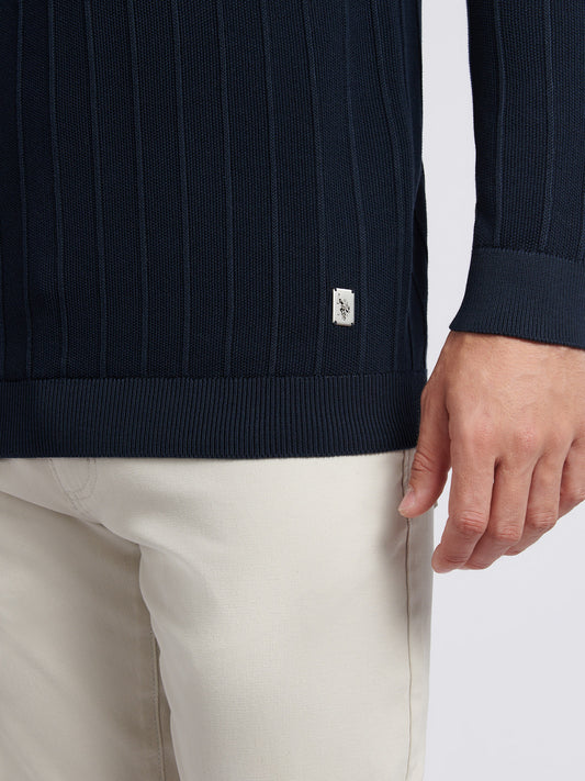 Mens Vertical Texture Stripe Knit Long Sleeve Polo Shirt in Dark Sapphire Navy