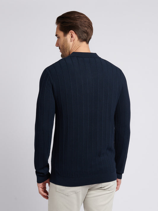 Mens Vertical Texture Stripe Knit Long Sleeve Polo Shirt in Dark Sapphire Navy