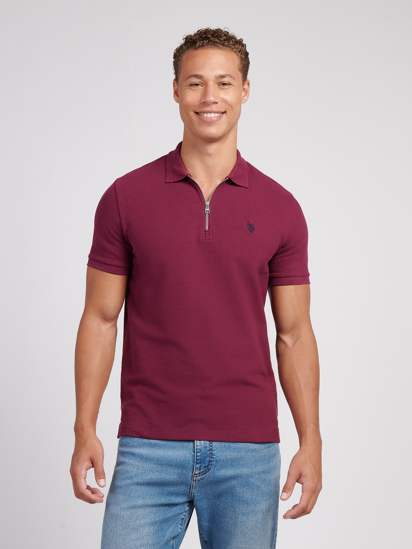 Mens Flat Pile Texture Polo Shirt in Grape Wine