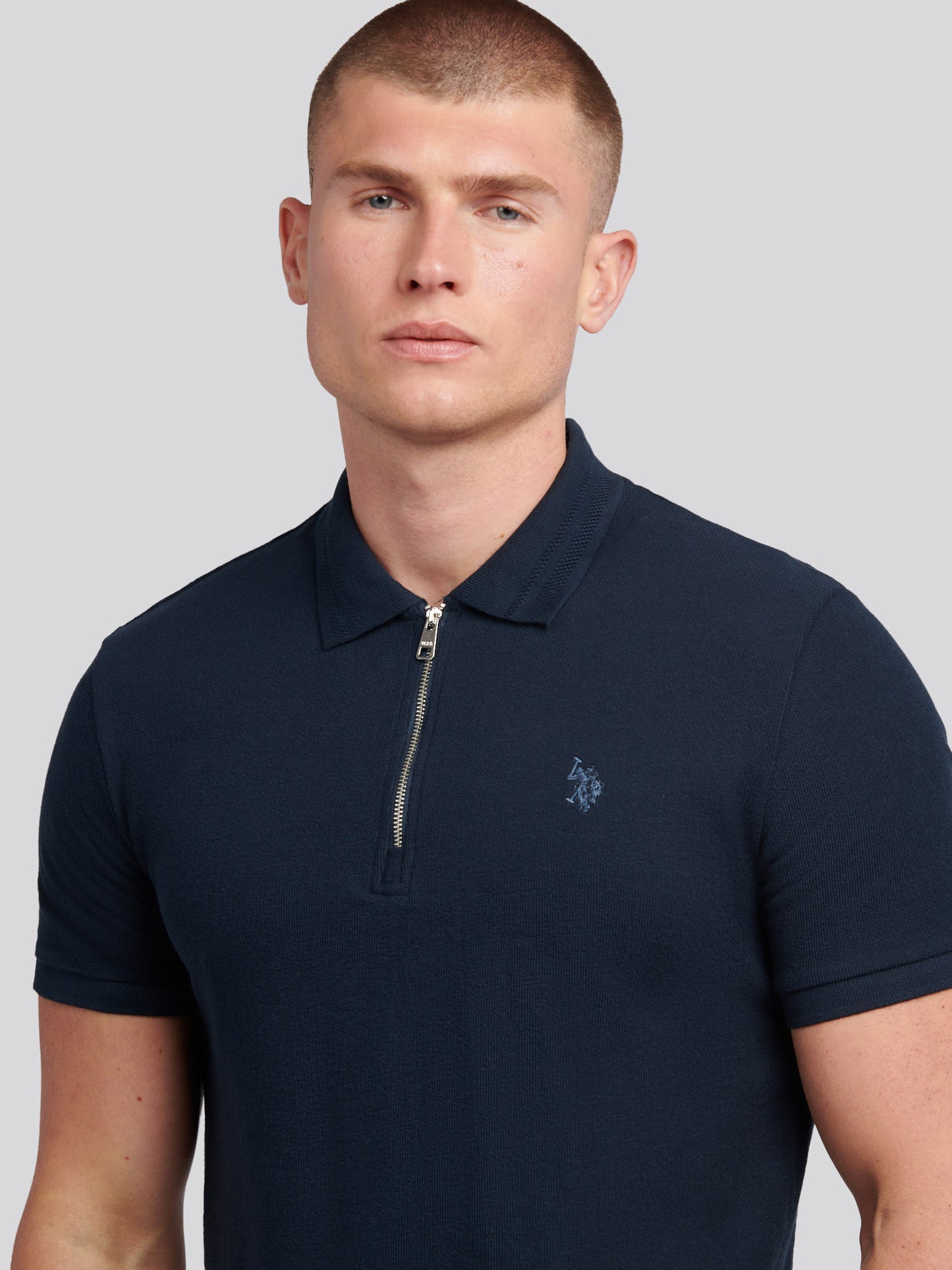 Mens Flat Pile Texture Polo Shirt in Dark Sapphire Navy / Moonlight Blue DHM