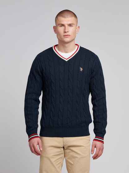 Mens Cable Knit Cricket Jumper in Dark Sapphire Navy