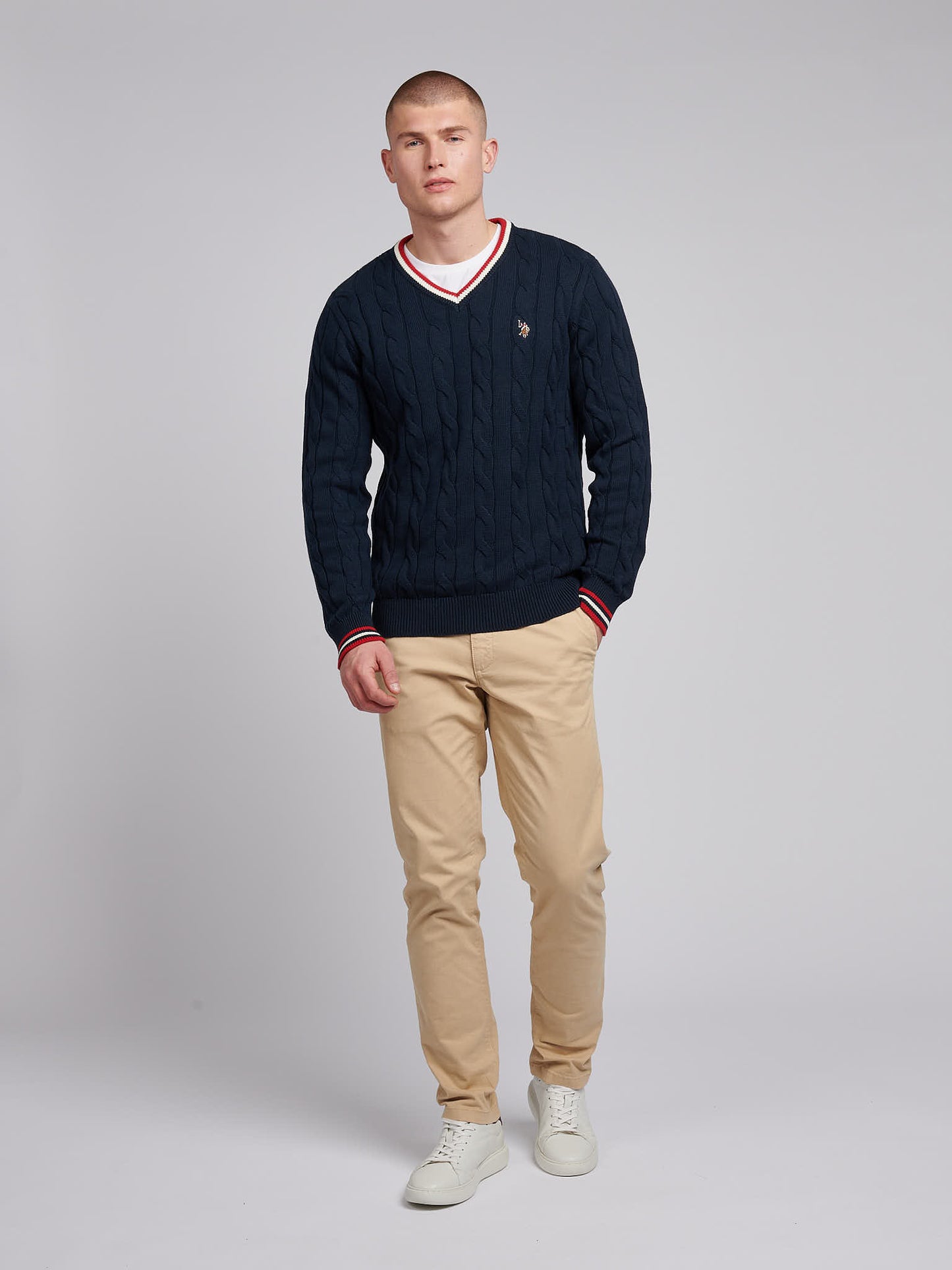 Mens Cable Knit Cricket Jumper in Dark Sapphire Navy