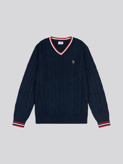 Mens Cable Knit Cricket Jumper in Dark Sapphire Navy