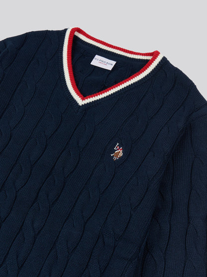 Mens Cable Knit Cricket Jumper in Dark Sapphire Navy