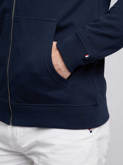 Mens Double Horsemen Loopback Zip Hoodie in Dark Sapphire Navy / Haute Red DHM