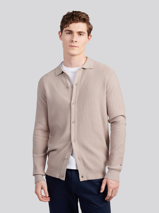 Mens Check Texture Button Thru Long Sleeve Polo Shirt in Atmosphere