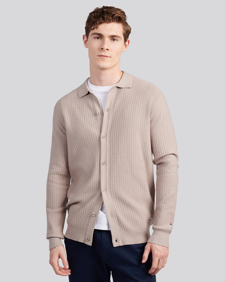 Mens Check Texture Button Thru Long Sleeve Polo Shirt in Atmosphere
