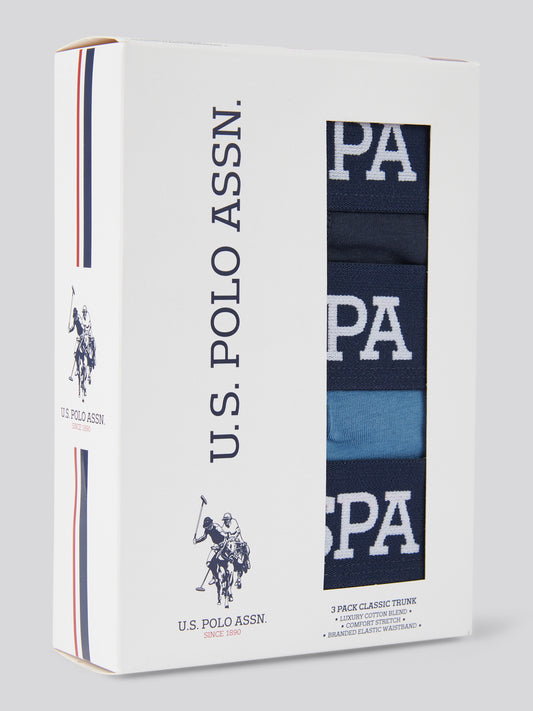 Mens 3 Pack Branded Stripe Boxer Shorts in Blue Horizon