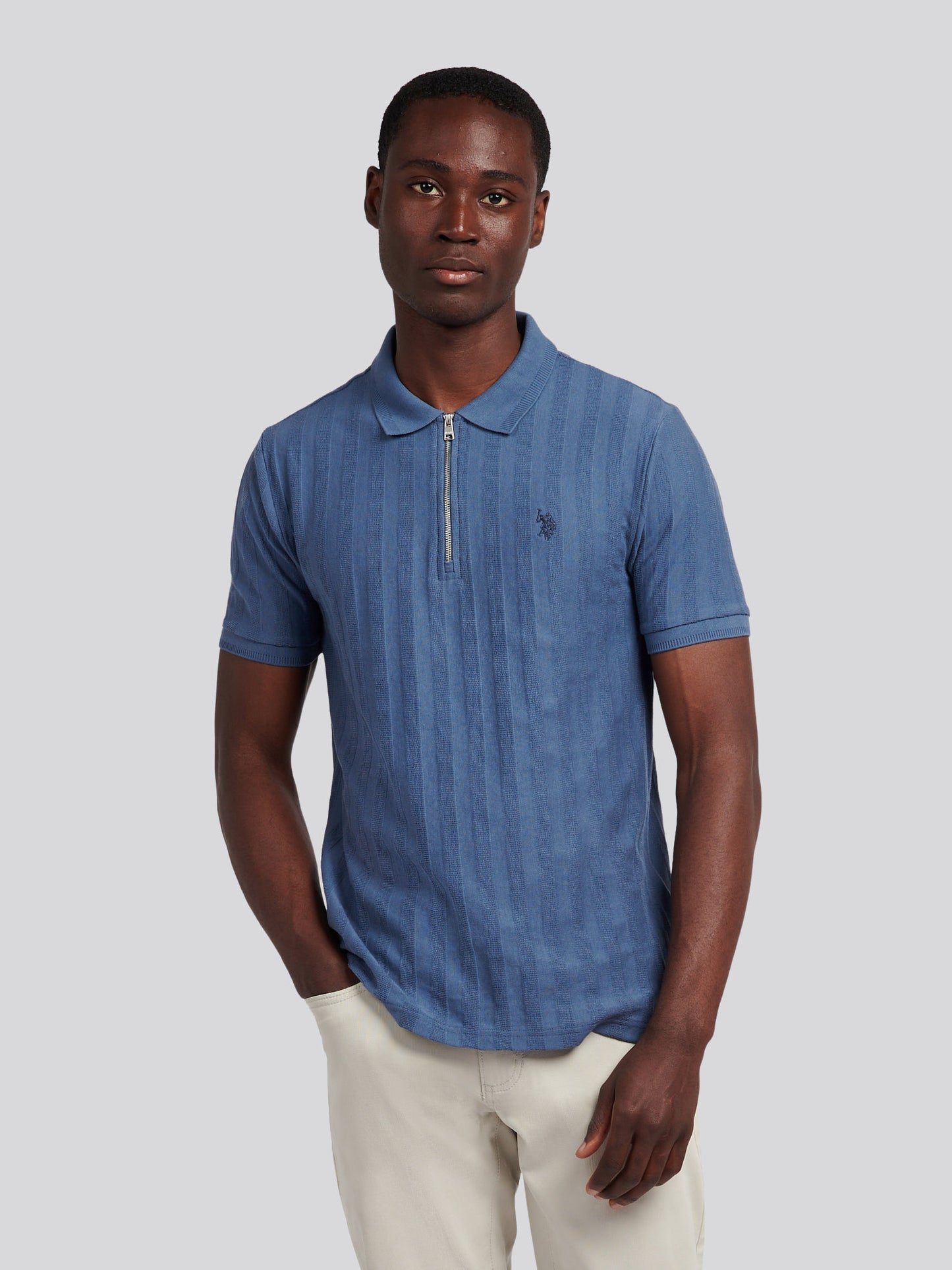 Mens Vertical Stripe Texture Polo Shirt in Vintage Indigo