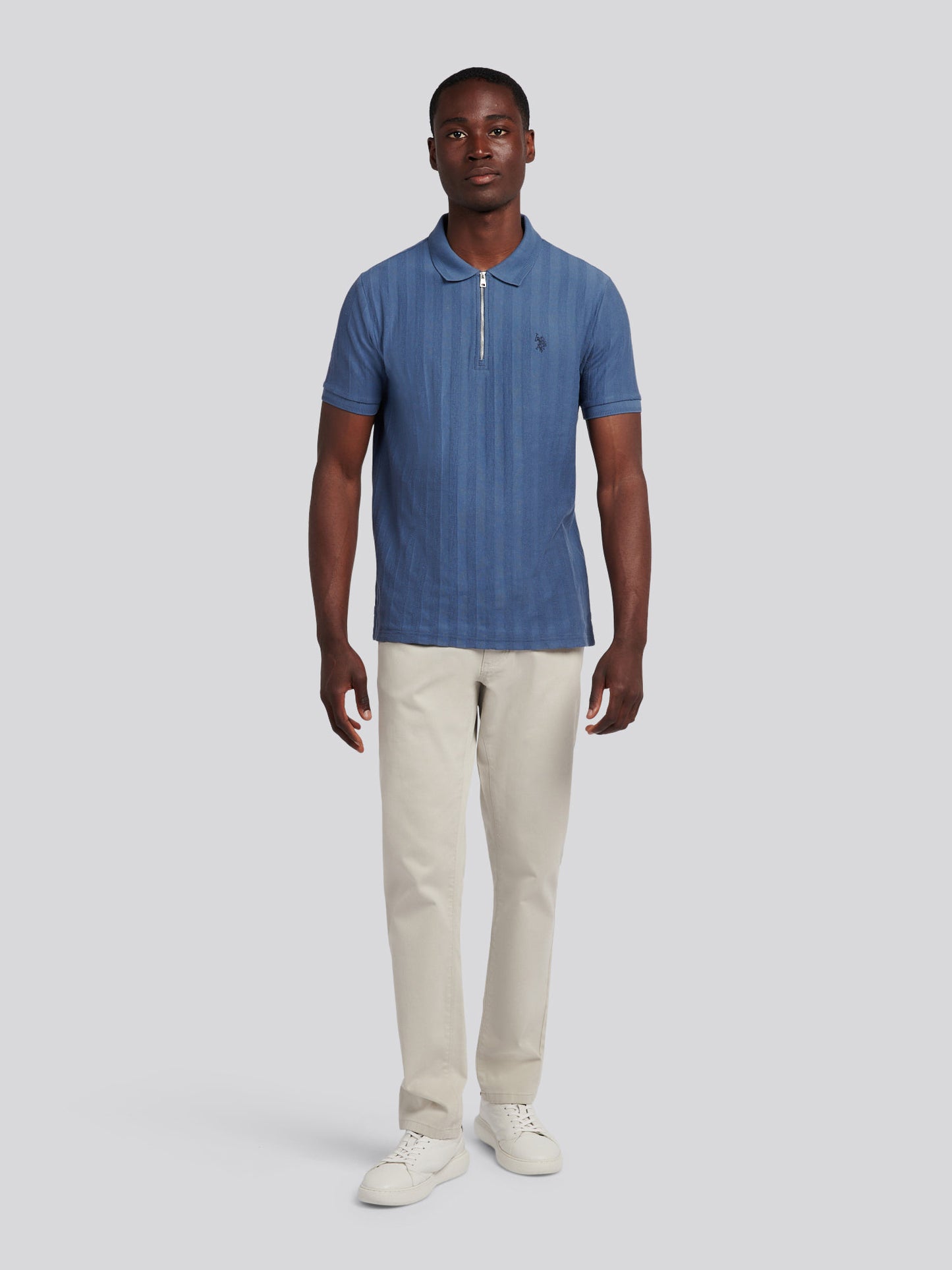 Mens Vertical Stripe Texture Polo Shirt in Vintage Indigo