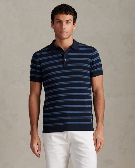 Mens Stripe Open Knit Polo Shirt Dark Sapphire Navy
