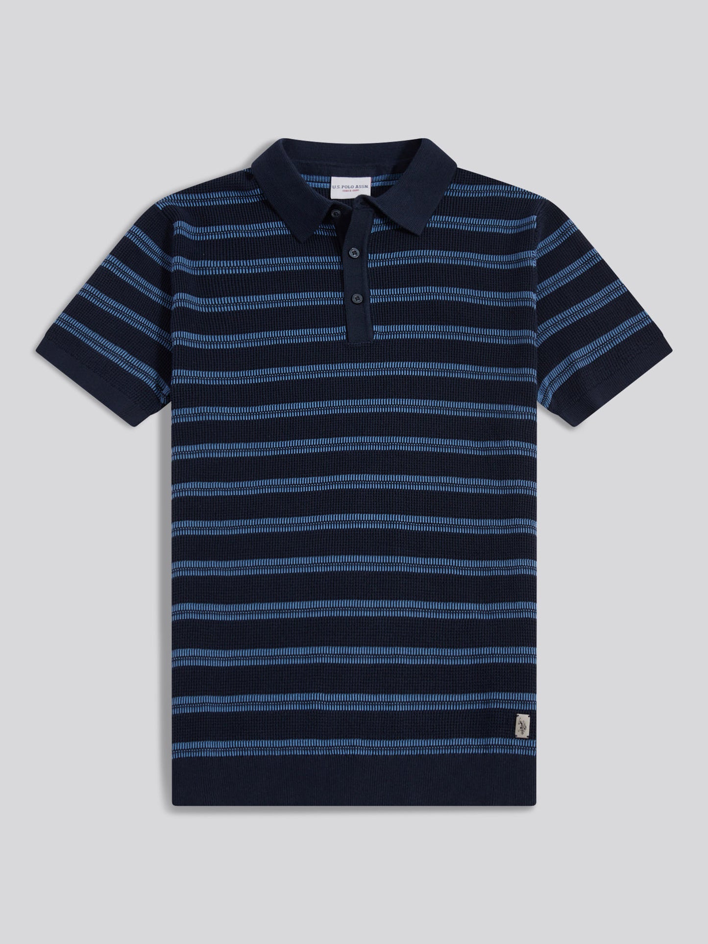 Mens Stripe Open Knit Polo Shirt Dark Sapphire Navy