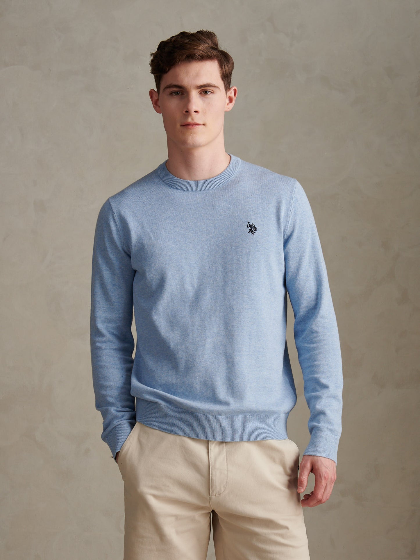 Mens Double Horsemen Cotton Knit Crew Jumper Parisian Blue Marl