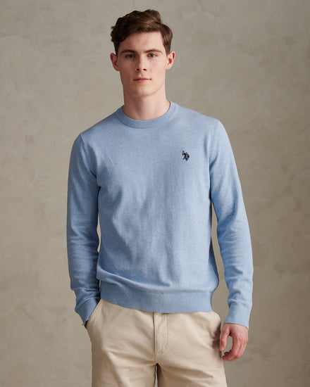 Mens Double Horsemen Cotton Knit Crew Jumper Parisian Blue Marl