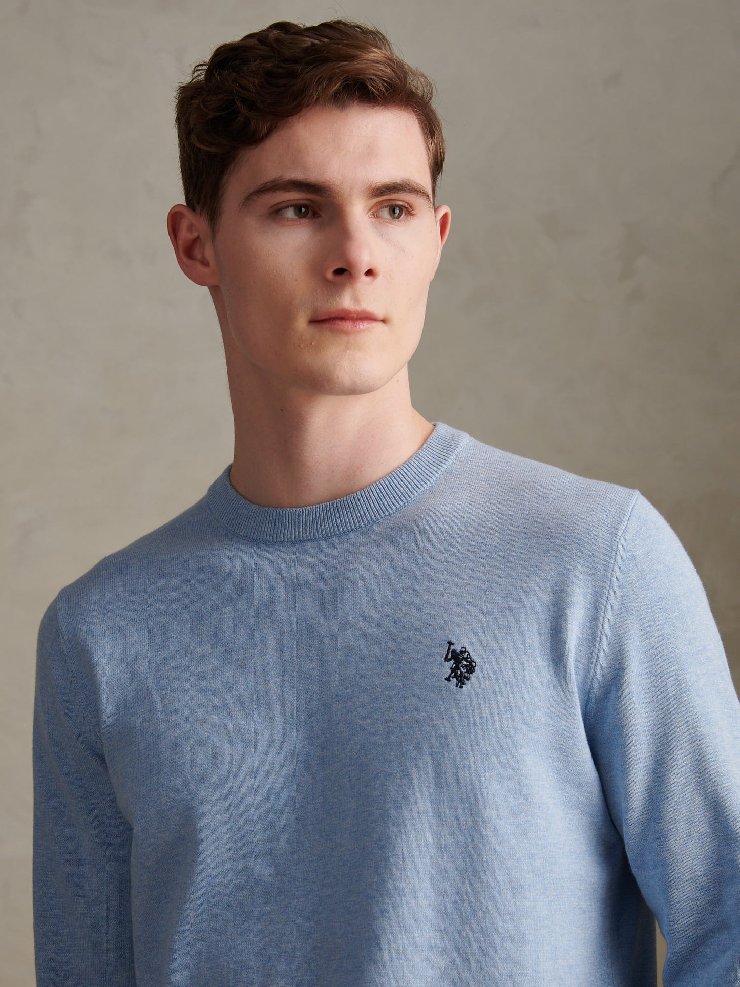 Mens Double Horsemen Cotton Knit Crew Jumper Parisian Blue Marl