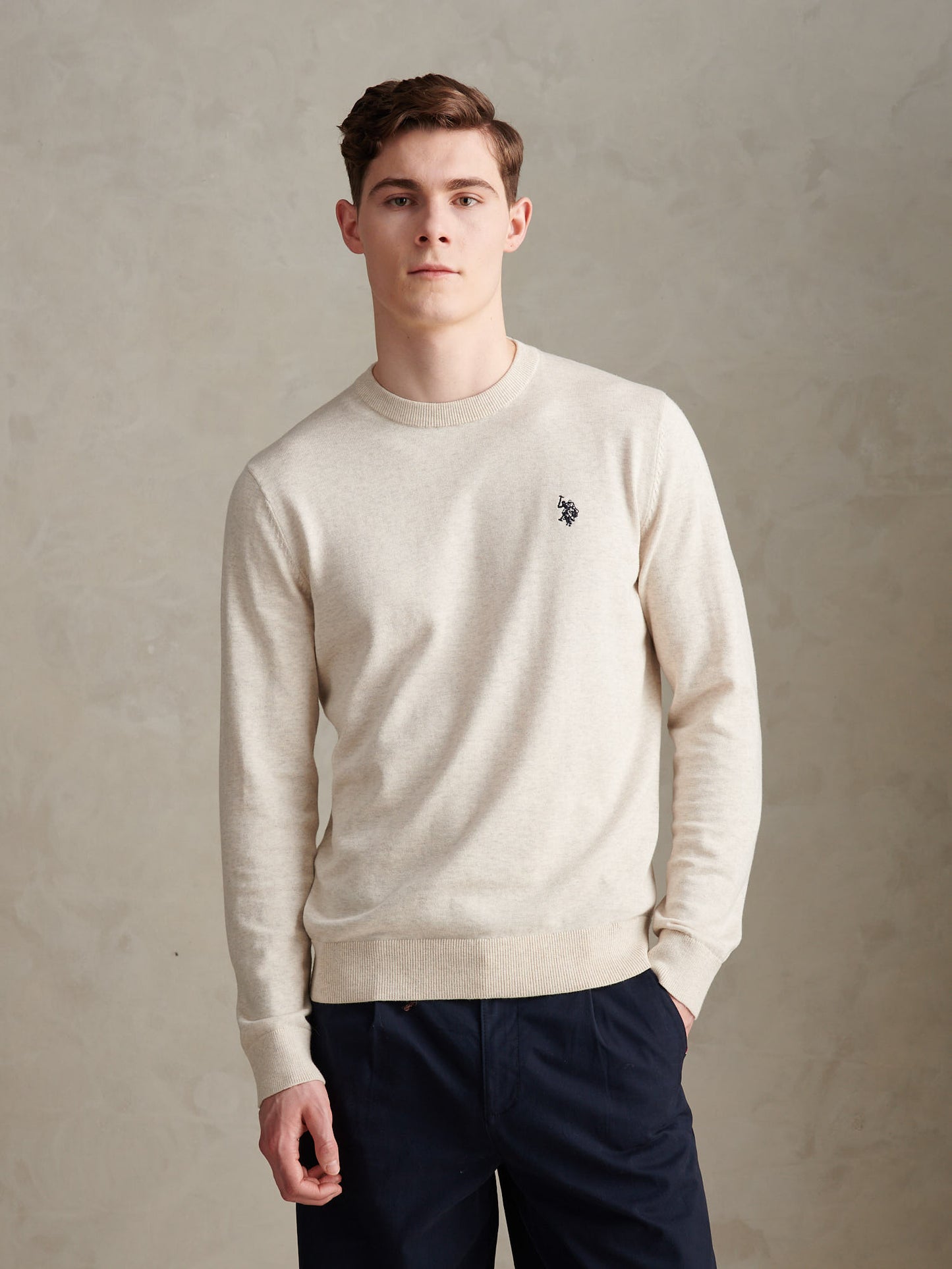Mens Double Horsemen Cotton Knit Crew Jumper Birch Marl