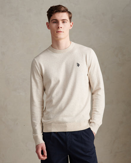 Mens Double Horsemen Cotton Knit Crew Jumper Birch Marl