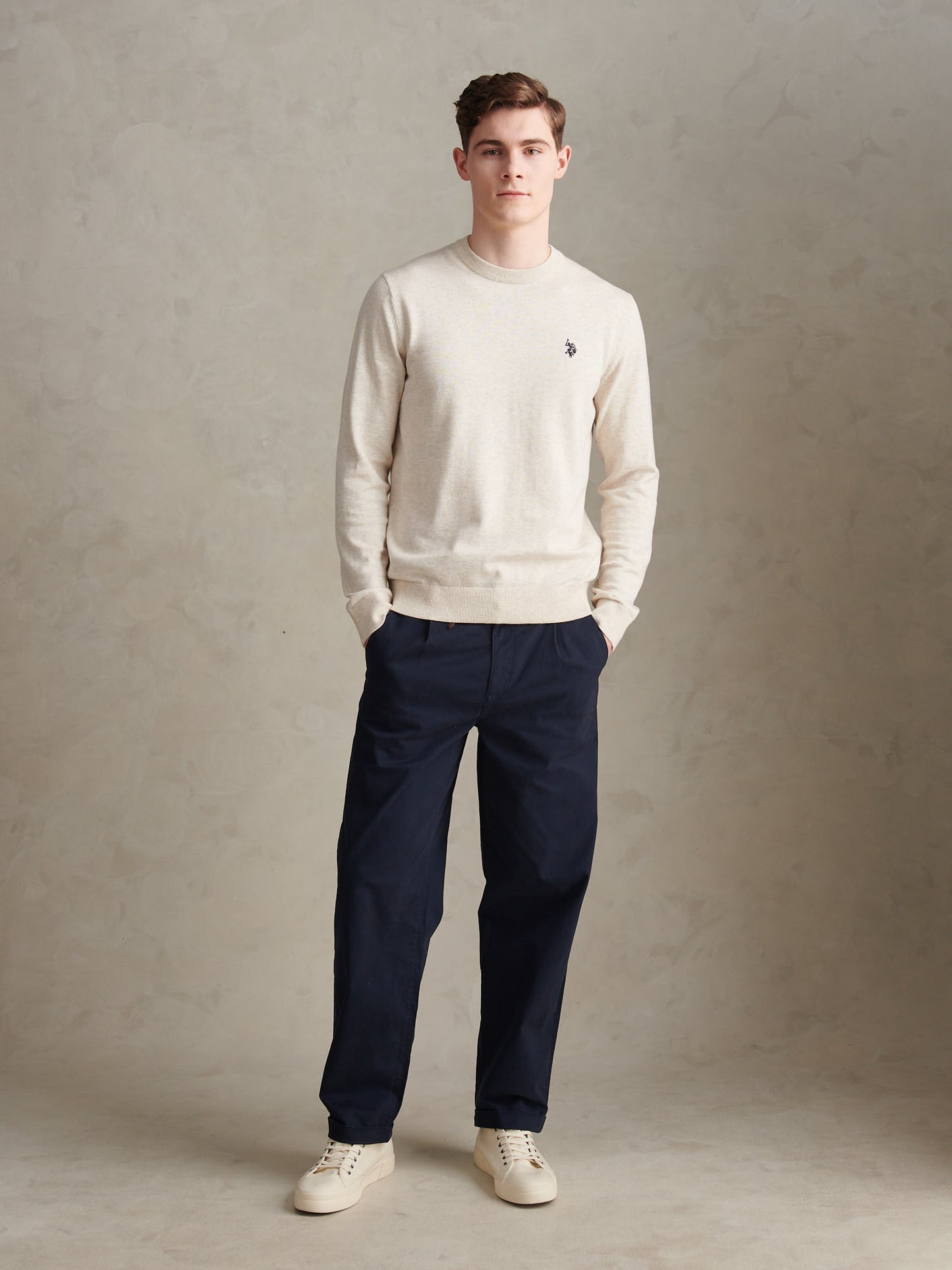 Mens Double Horsemen Cotton Knit Crew Jumper Birch Marl