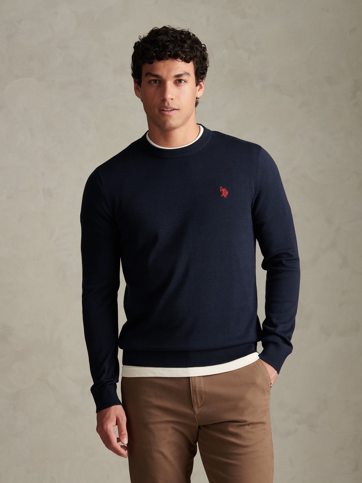 Mens Double Horsemen Cotton Knit Crew Jumper Dark Sapphire Navy / Haute Red DHM