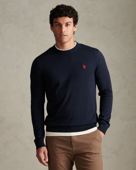 Mens Double Horsemen Cotton Knit Crew Jumper Dark Sapphire Navy / Haute Red DHM