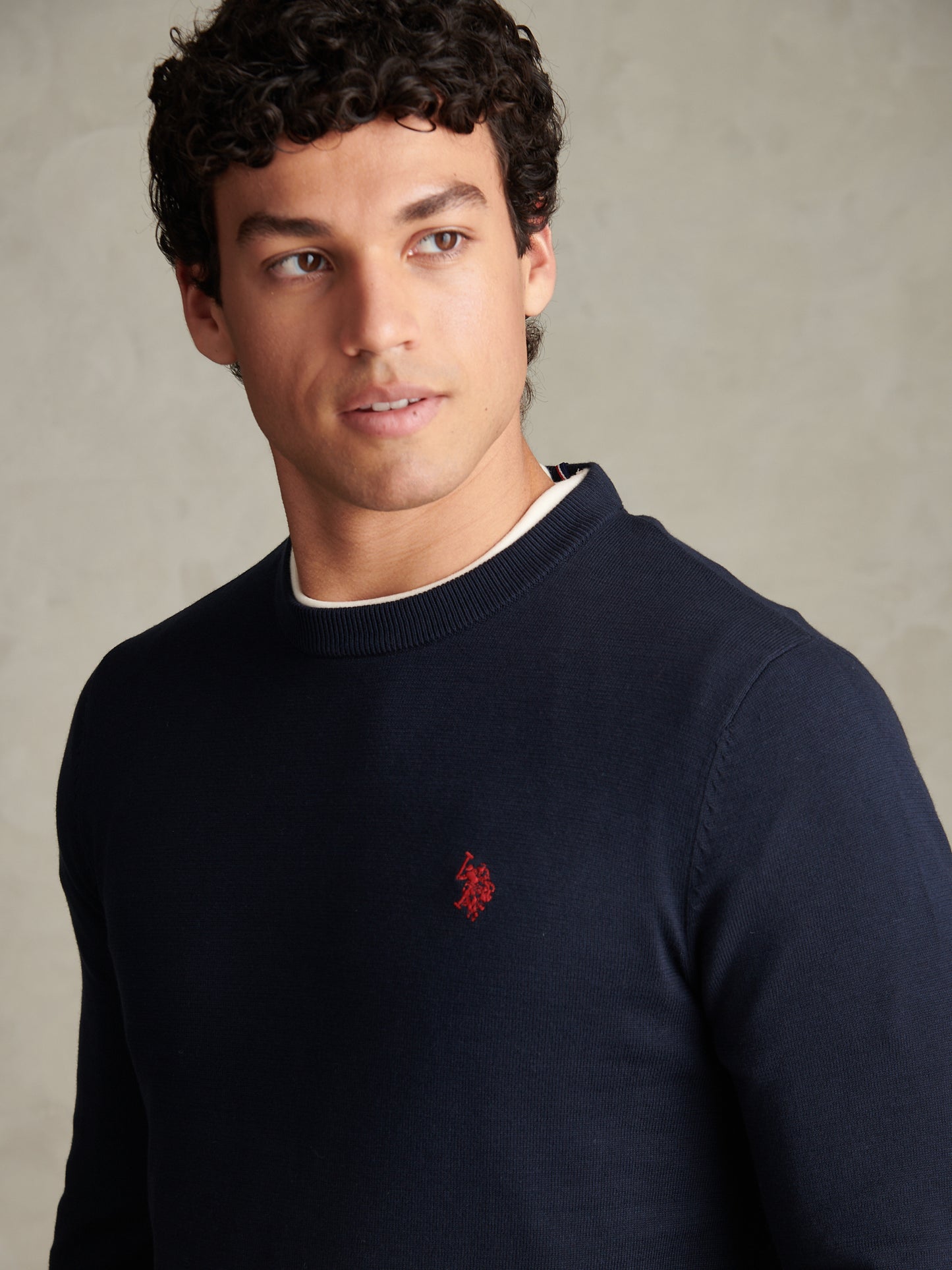 Mens Double Horsemen Cotton Knit Crew Jumper Dark Sapphire Navy / Haute Red DHM