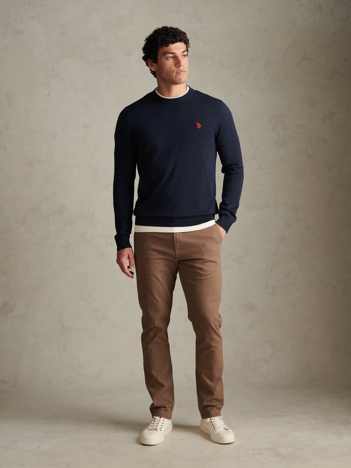 Mens Double Horsemen Cotton Knit Crew Jumper Dark Sapphire Navy / Haute Red DHM