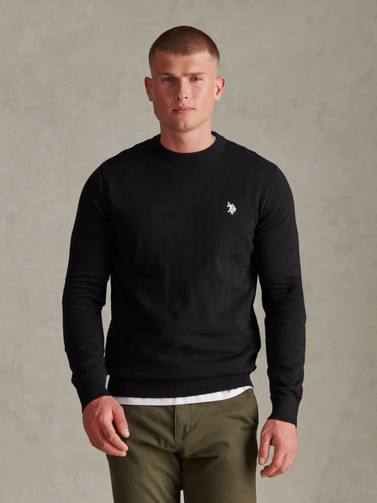 Mens Double Horsemen Cotton Knit Crew Jumper Black Bright White DHM