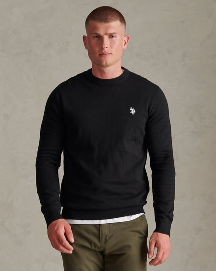 Mens Double Horsemen Cotton Knit Crew Jumper Black Bright White DHM