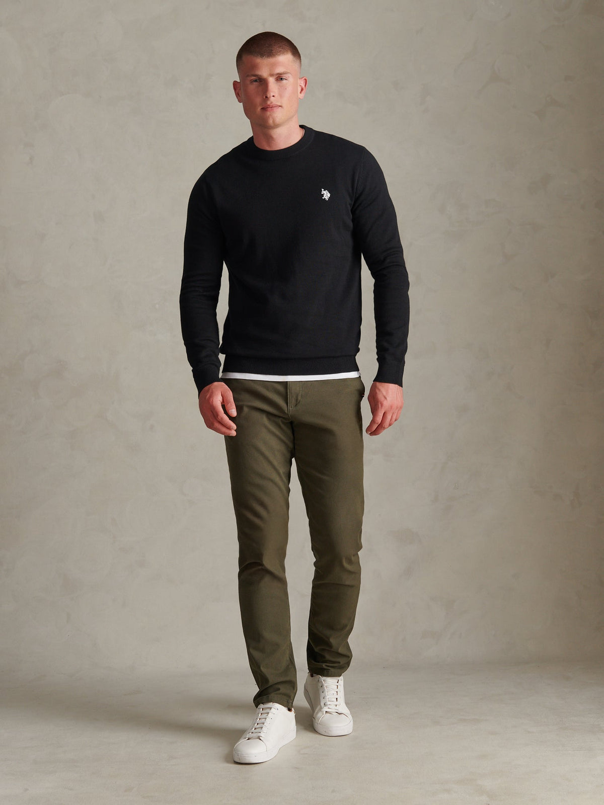 Mens Double Horsemen Cotton Knit Crew Jumper Black Bright White DHM